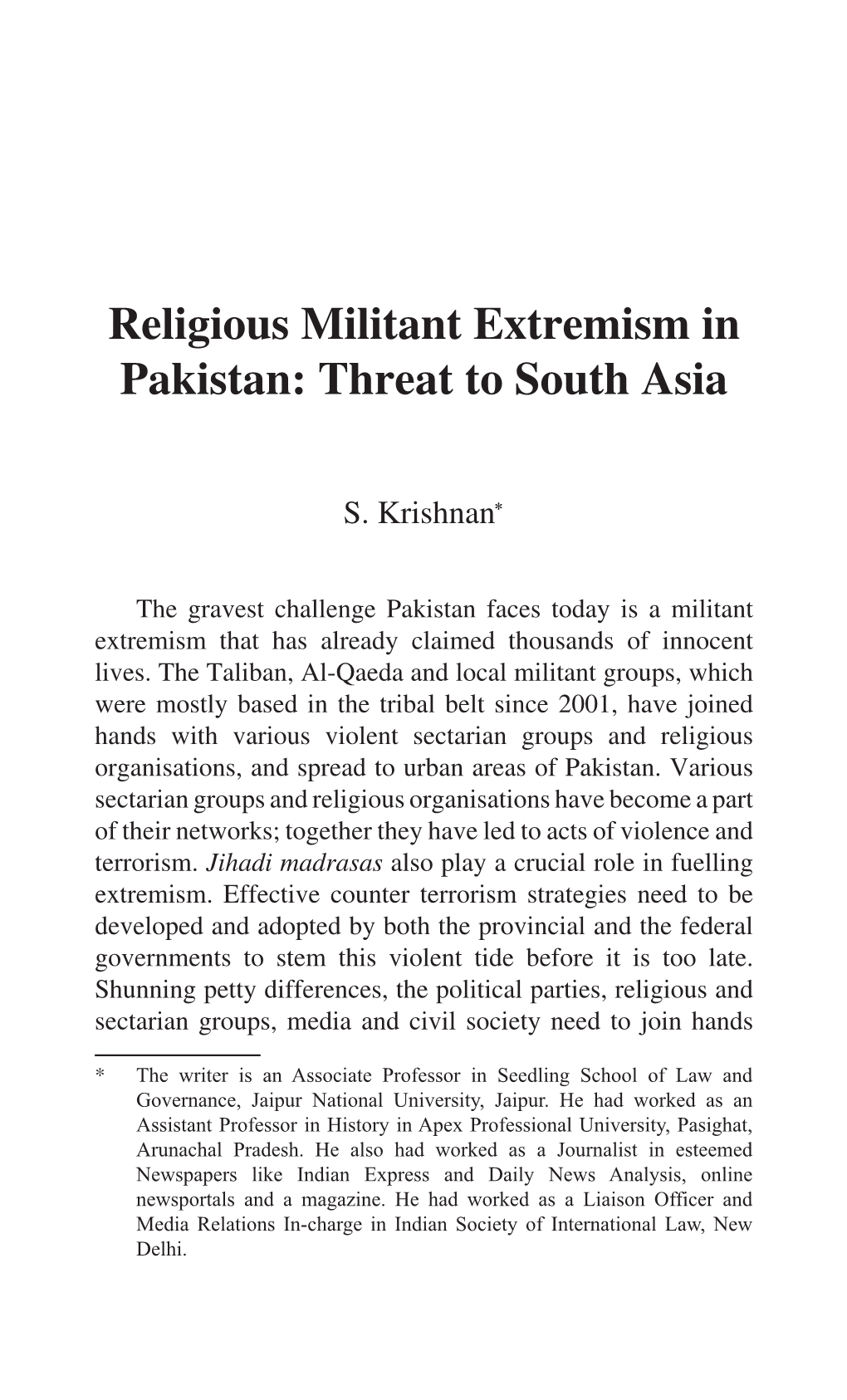Religious Militant Extremism in Pakistan: Threat to South Asia