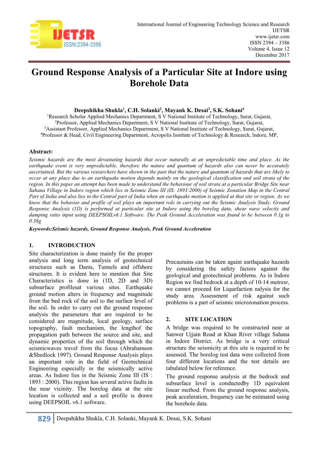 Ground Response Analysis of a Particular Site at Indore Using Borehole Data