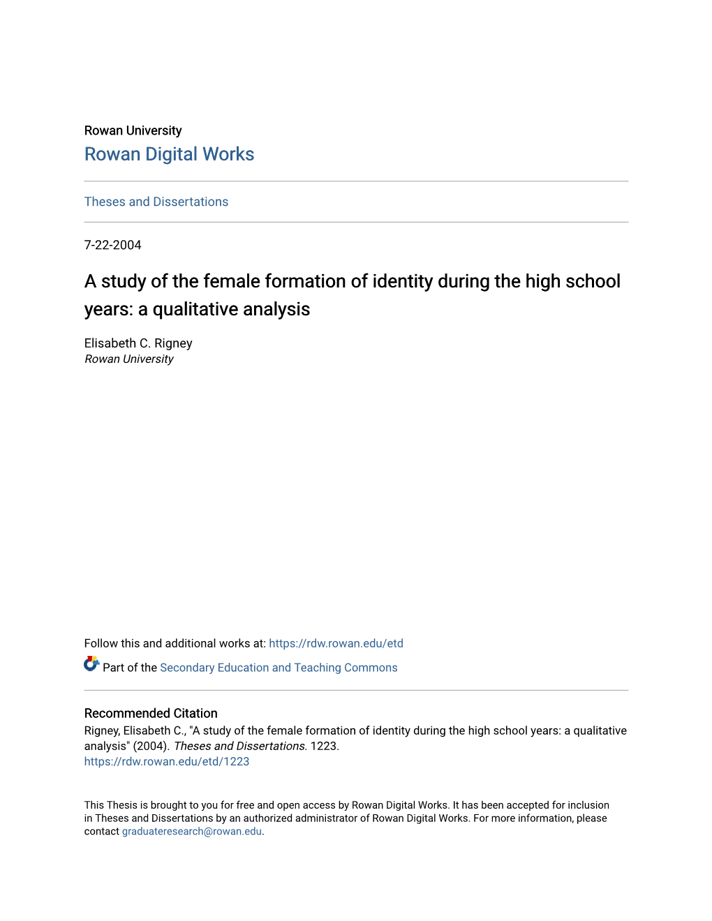 A Study of the Female Formation of Identity During the High School Years: a Qualitative Analysis