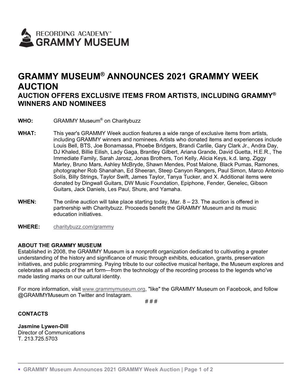 Grammy Museum® Announces 2021 Grammy Week Auction Auction Offers Exclusive Items from Artists, Including Grammy® Winners and Nominees