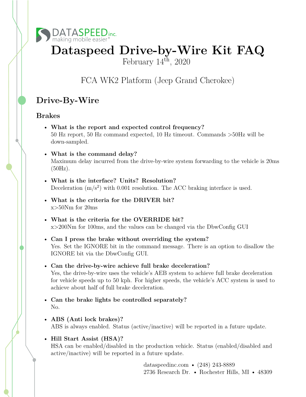 Dataspeed Drive-By-Wire Kit FAQ February 14Th, 2020