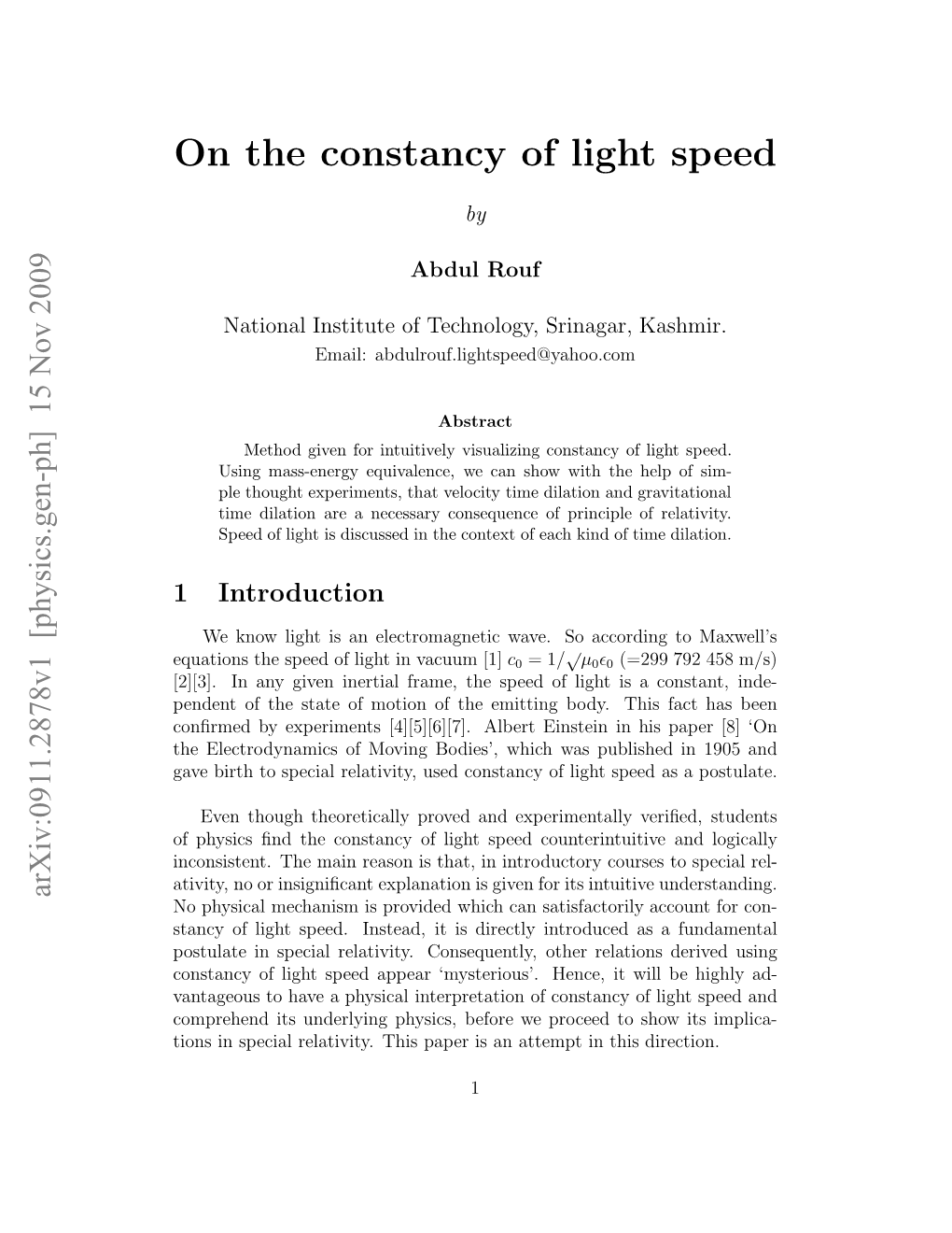 On the Constancy of Light Speed