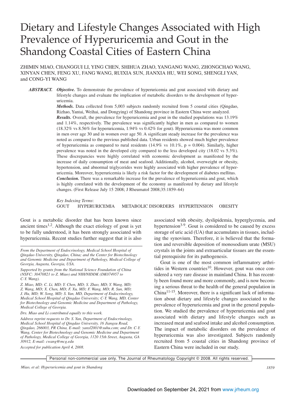 Dietary and Lifestyle Changes Associated with High Prevalence of Hyperuricemia and Gout in the Shandong Coastal Cities of Eastern China