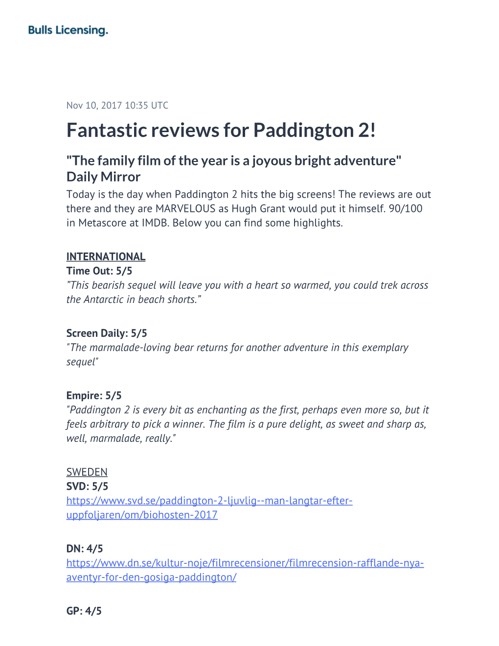 Fantastic Reviews for Paddington 2!