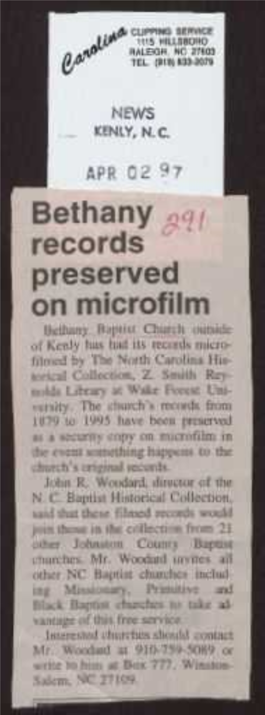 Bethany I, ~ I Records Preserved on Microfilm U..1Hatq- 8.T'u Cudl 'Lul.X