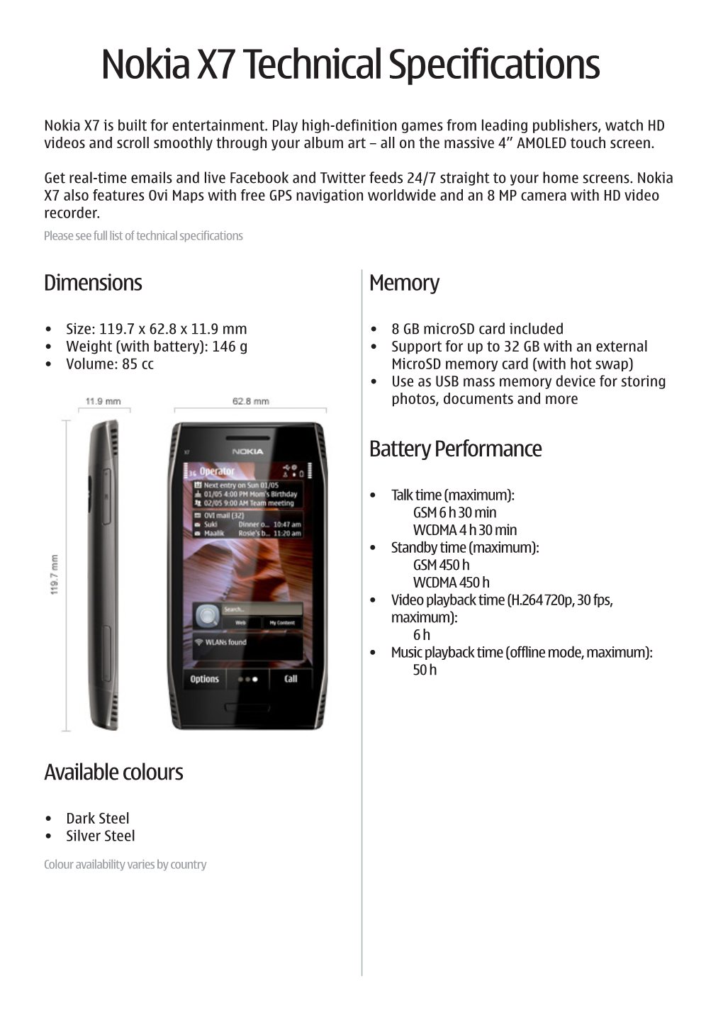 Nokia X7 Technical Specifications