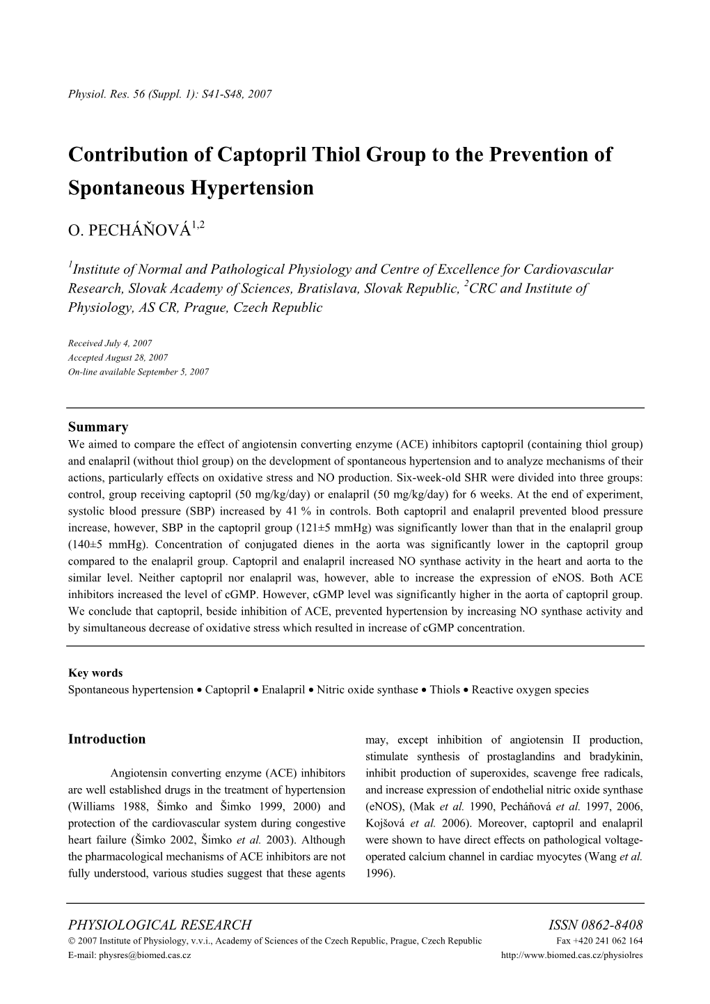 Contribution of Captopril Thiol Group to the Prevention of Spontaneous Hypertension