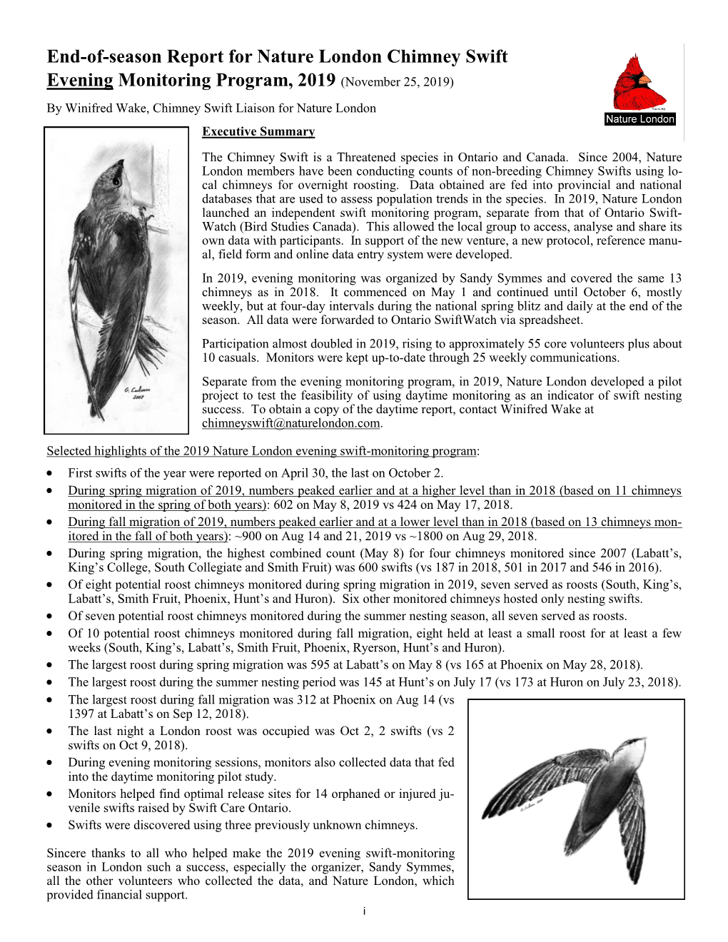 End-Of-Season Report for Nature London Chimney Swift Evening Monitoring Program, 2019 (November 25, 2019) by Winifred Wake, Chimney Swift Liaison for Nature London