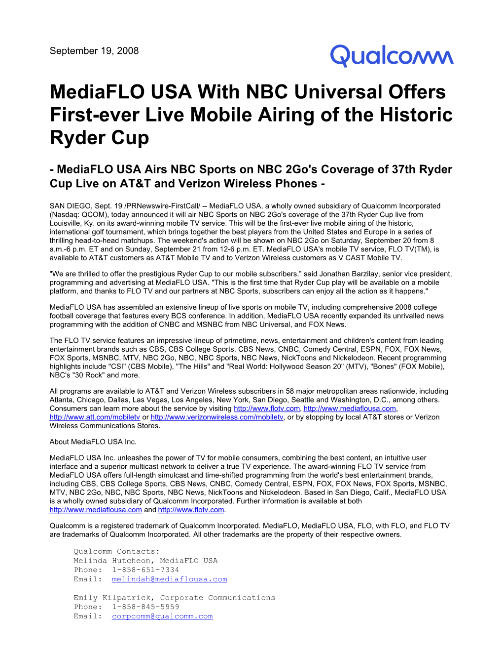 Mediaflo USA with NBC Universal Offers First-Ever Live Mobile Airing of the Historic Ryder Cup