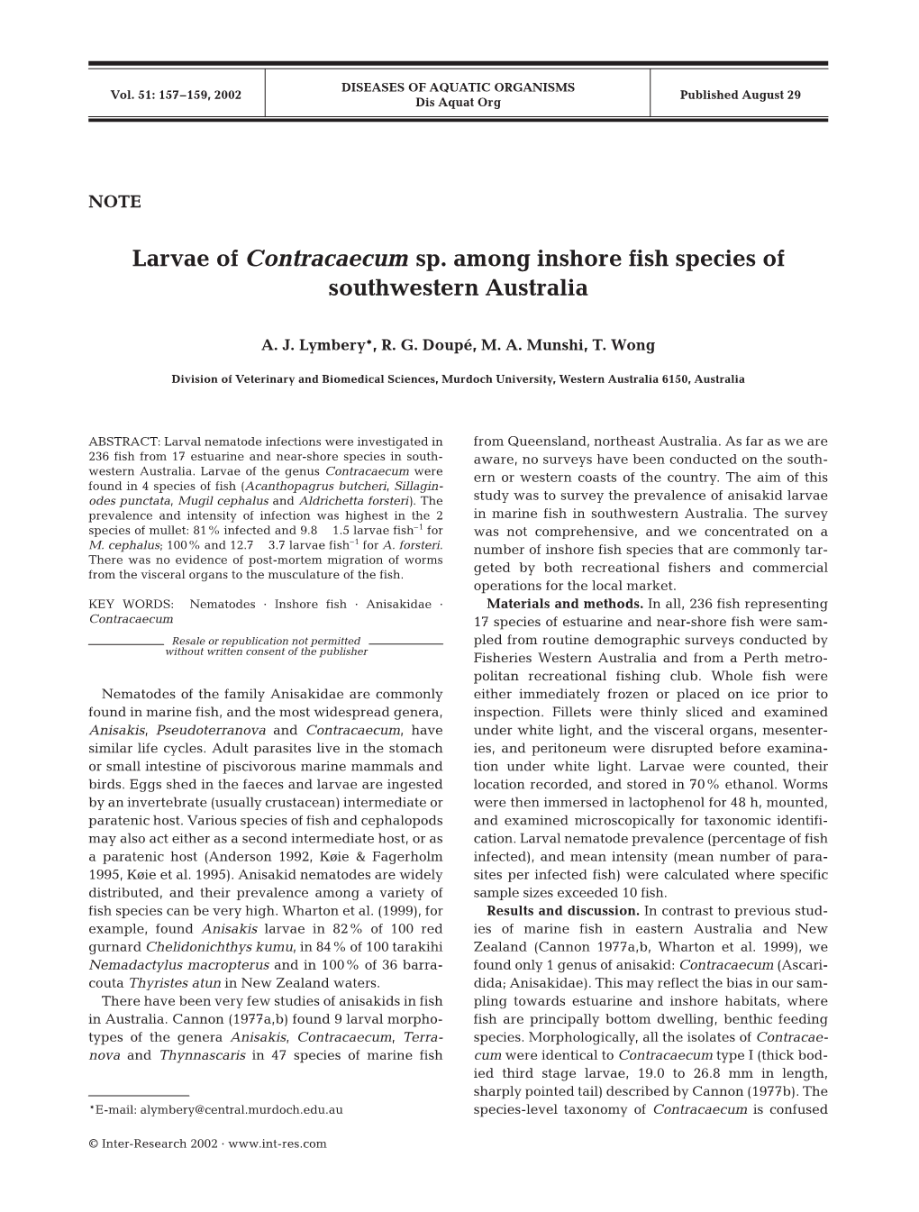 Larvae of Contracaecum Sp. Among Inshore Fish Species of Southwestern Australia