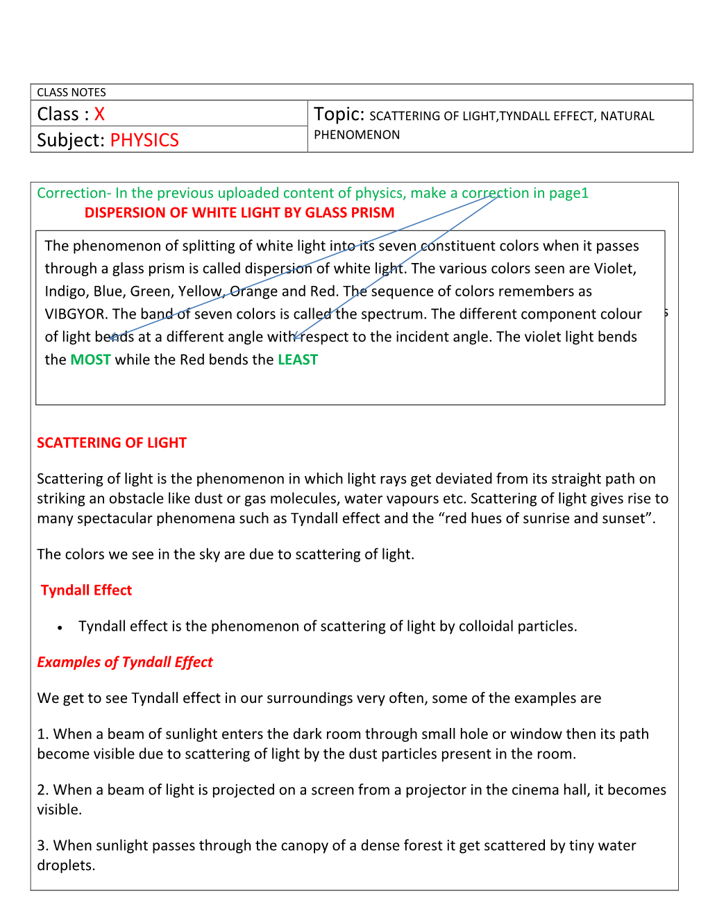 Class : X Topic: SCATTERING of LIGHT,TYNDALL EFFECT, NATURAL Subject: PHYSICS PHENOMENON