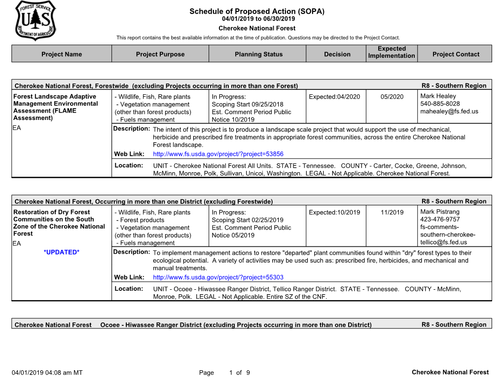 SOPA) 04/01/2019 to 06/30/2019 Cherokee National Forest This Report Contains the Best Available Information at the Time of Publication