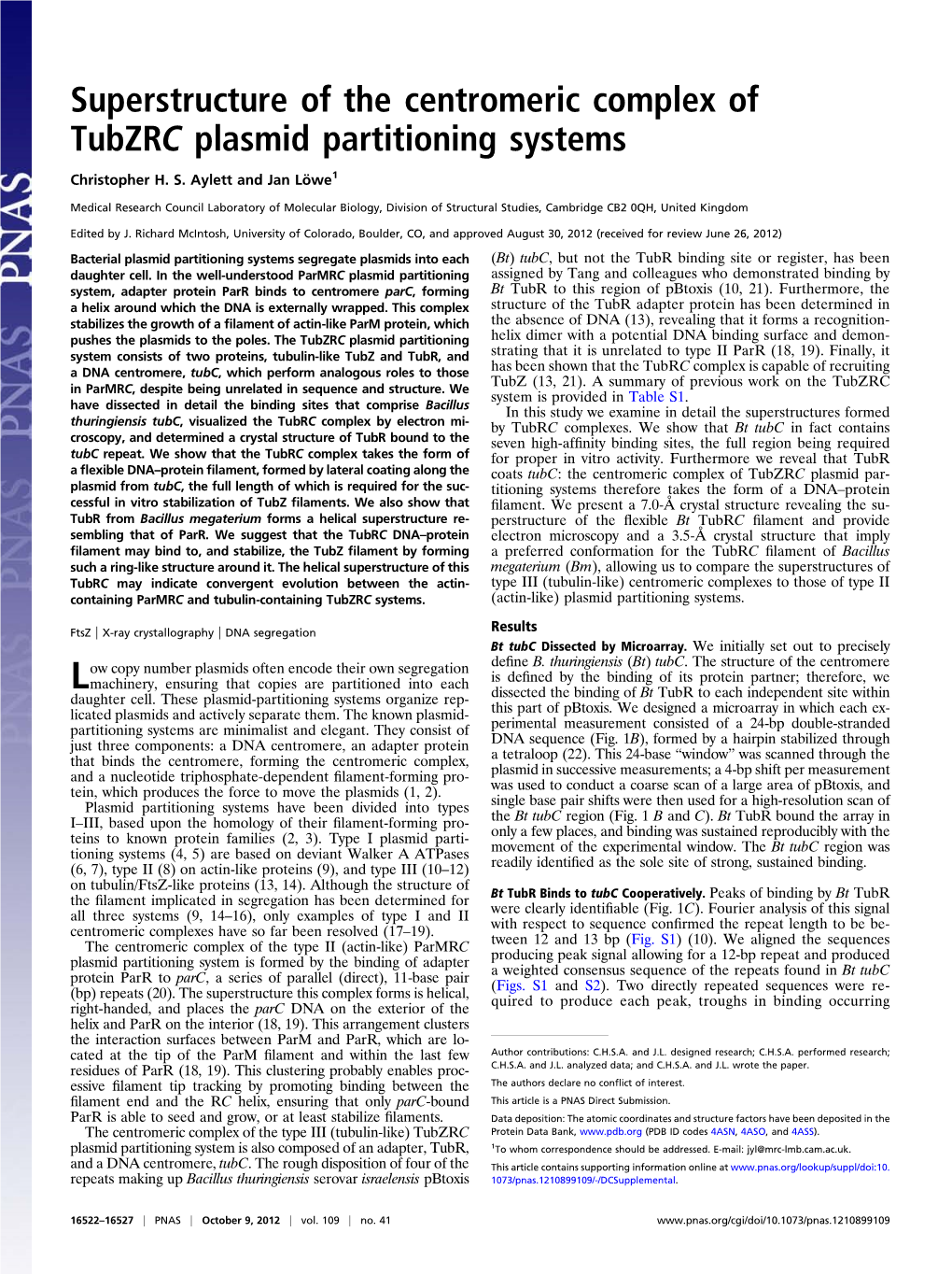 Superstructure of the Centromeric Complex of Tubzrc Plasmid Partitioning Systems