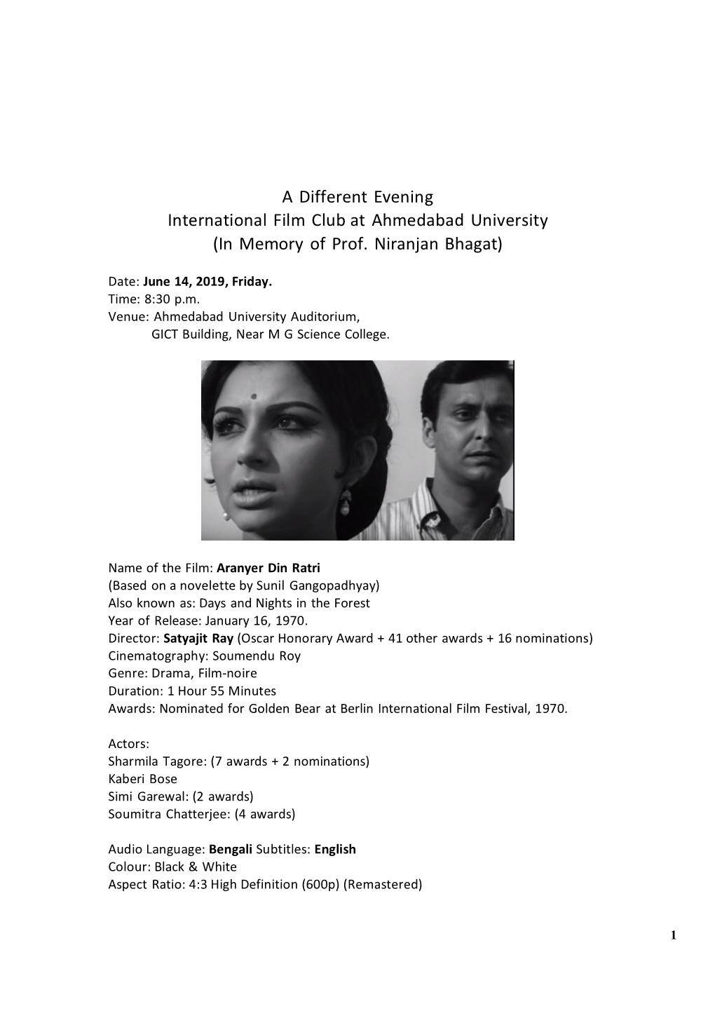 A Different Evening International Film Club at Ahmedabad University (In Memory of Prof