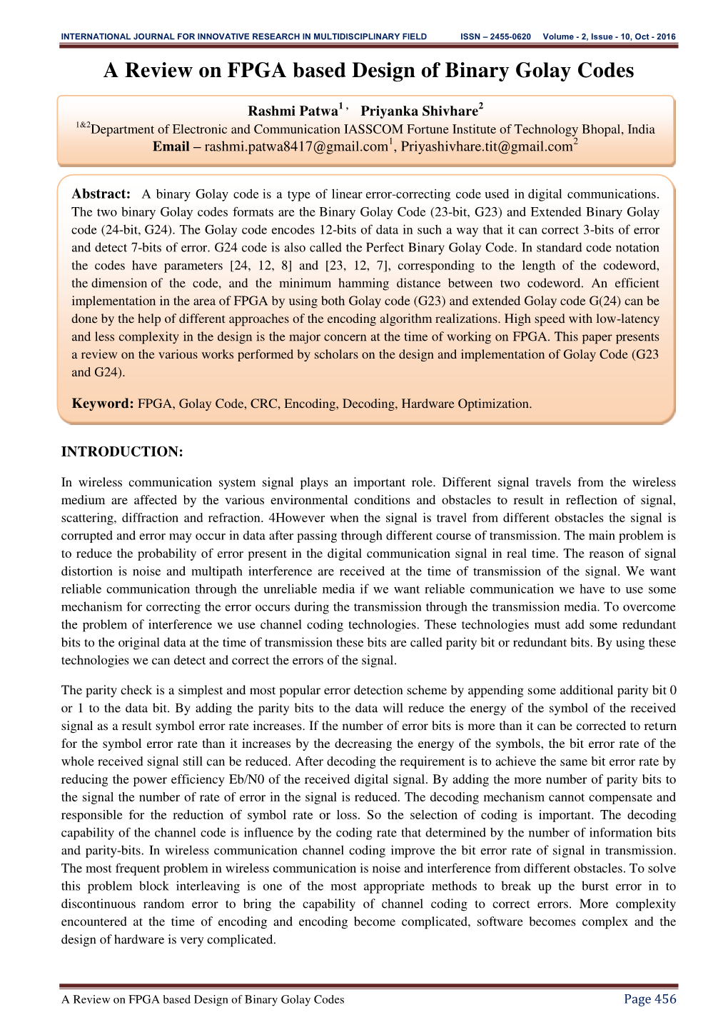 A Review on FPGA Based Design of Binary Golay Codes