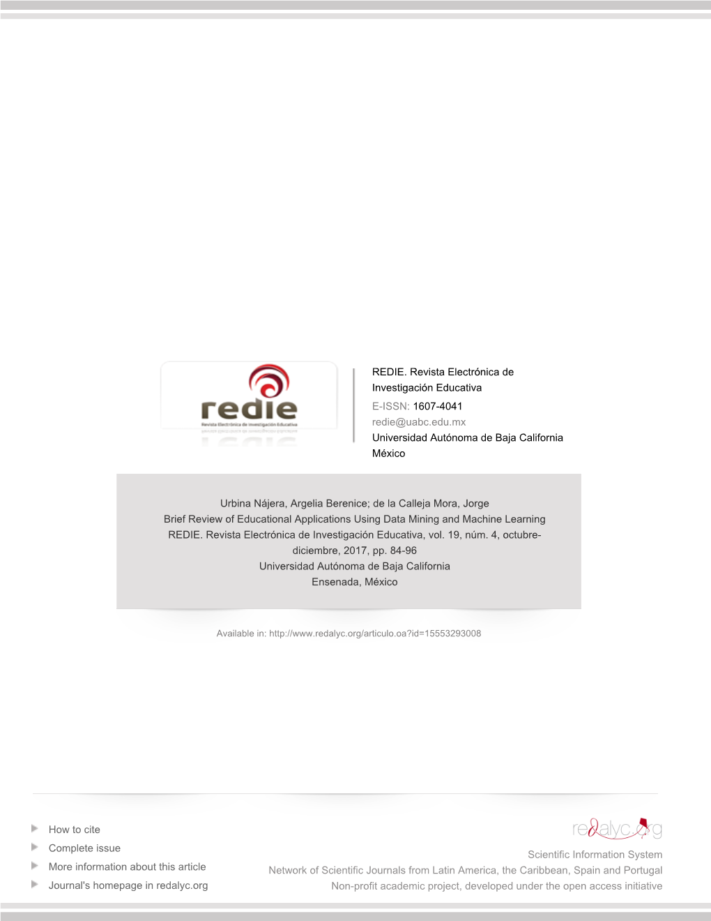 Redalyc.Brief Review of Educational Applications Using Data Mining and Machine Learning