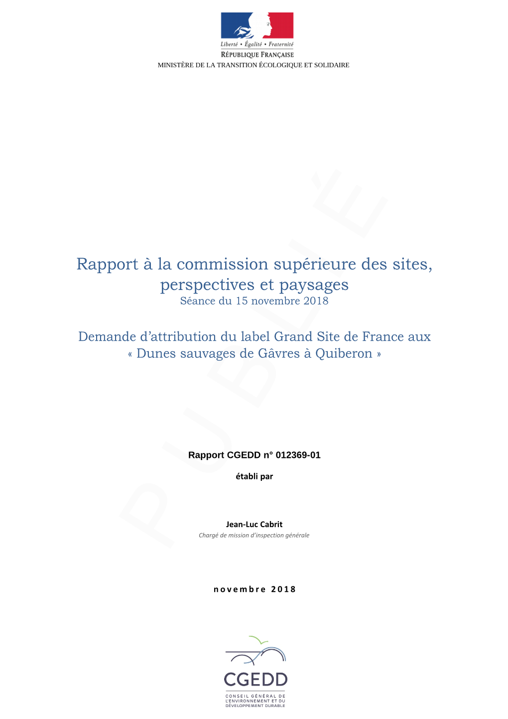 Rapport À La Commission Supérieure Des Sites, Perspectives Et Paysages Séance Du 15 Novembre 2018