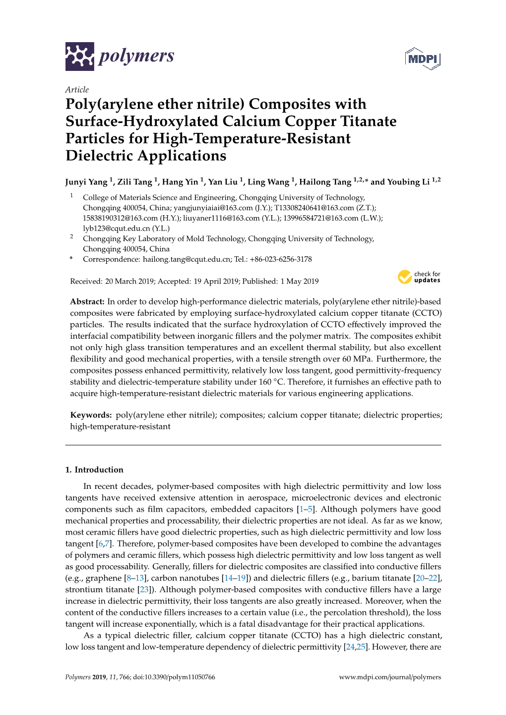 Poly(Arylene Ether Nitrile) Composites with Surface-Hydroxylated Calcium Copper Titanate Particles for High-Temperature-Resistant Dielectric Applications