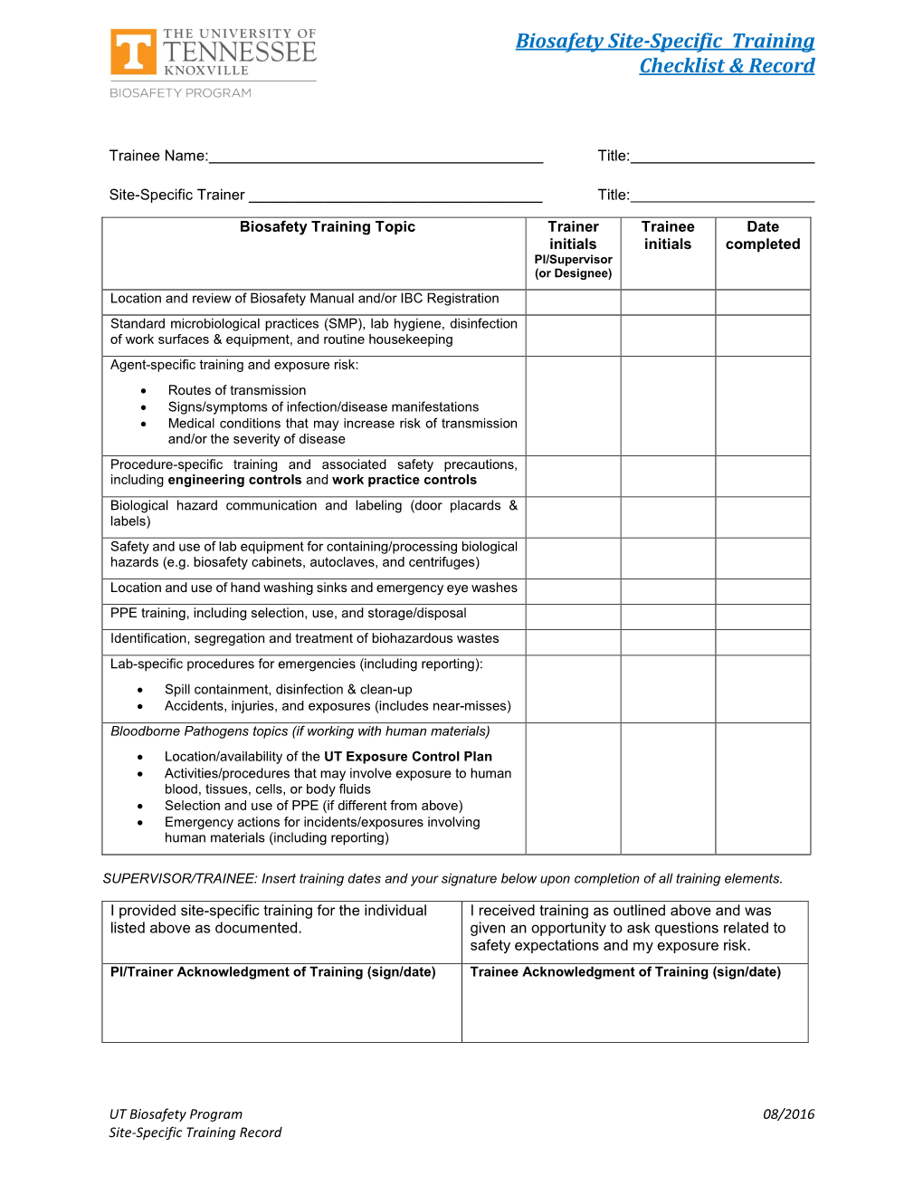 Biosafety Site-Specific Training Checklist & Record