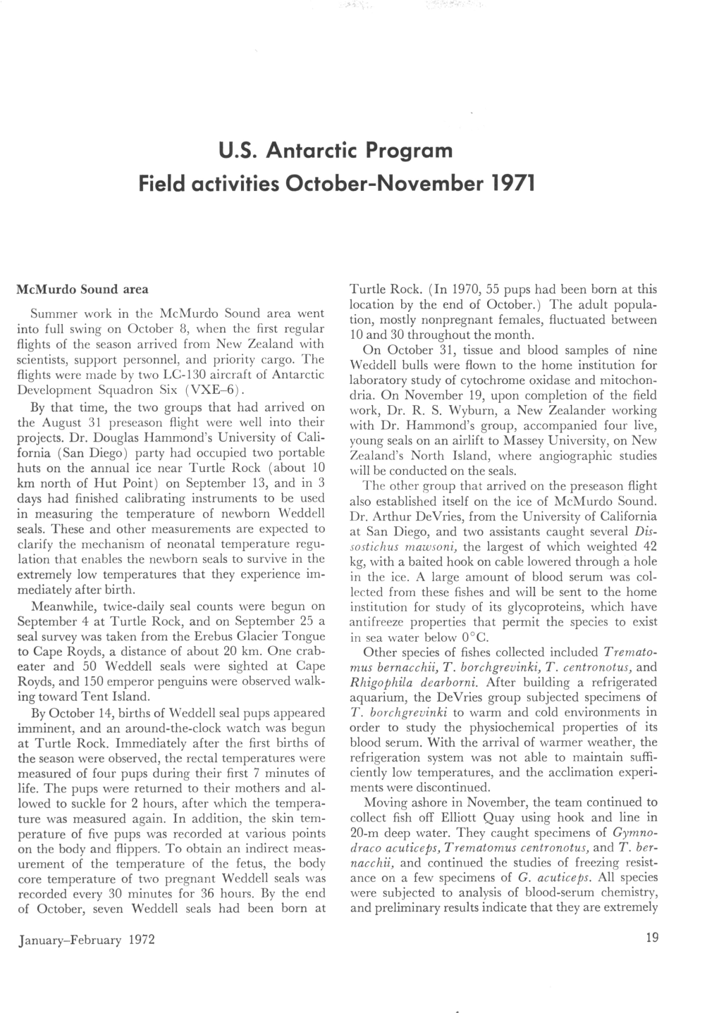 U.S. Antarctic Program Field Activities October-November 1971