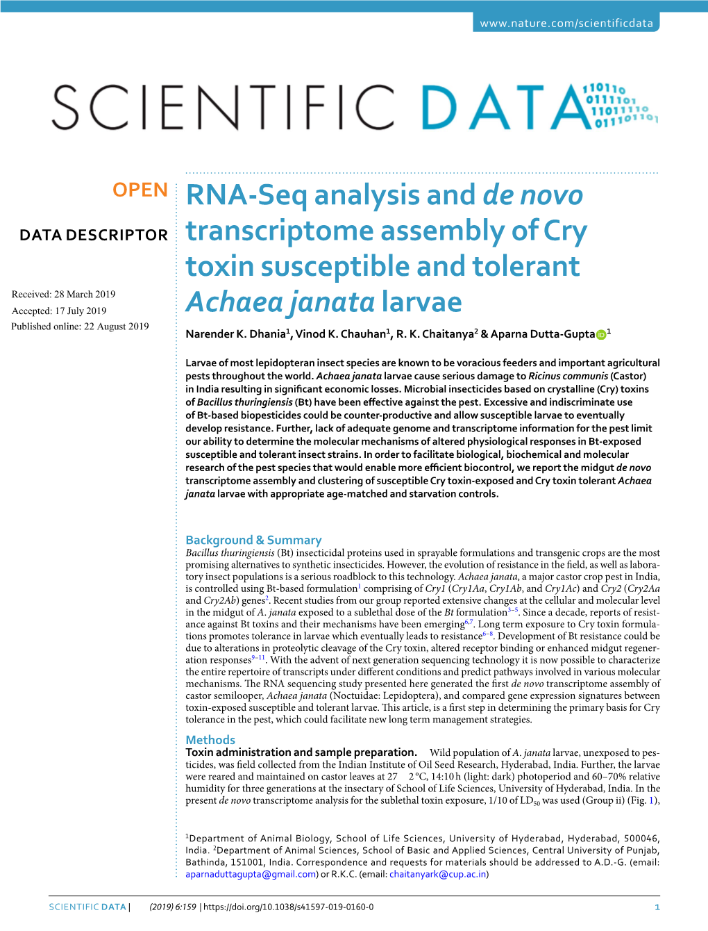 RNA-Seq Analysis and De Novo Transcriptome Assembly of Cry Toxin Susceptible and Tolerant Achaea Janata Larvae