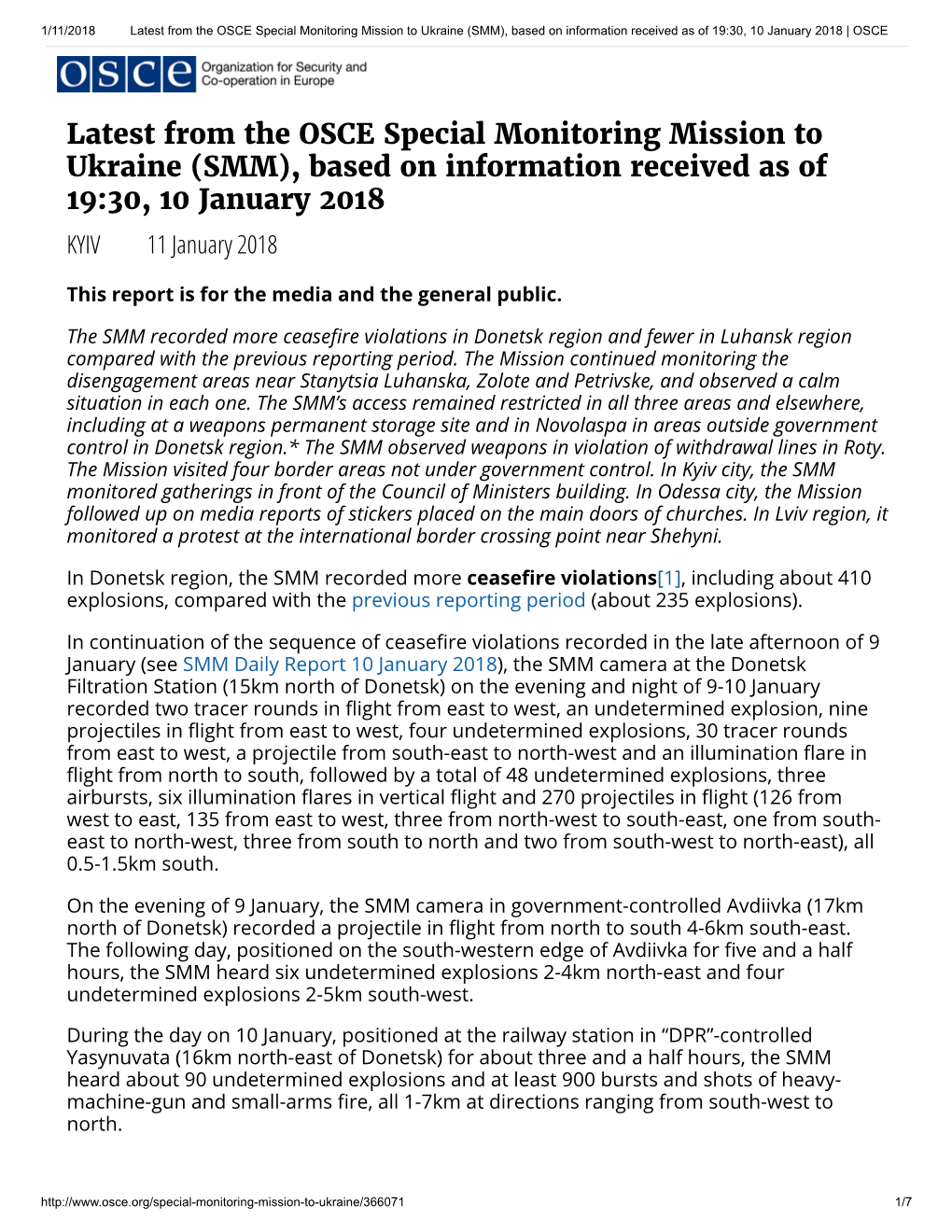 Latest from the OSCE Special Monitoring Mission to Ukraine (SMM), Based on Information Received As of 19:30, 10 January 2018 | OSCE