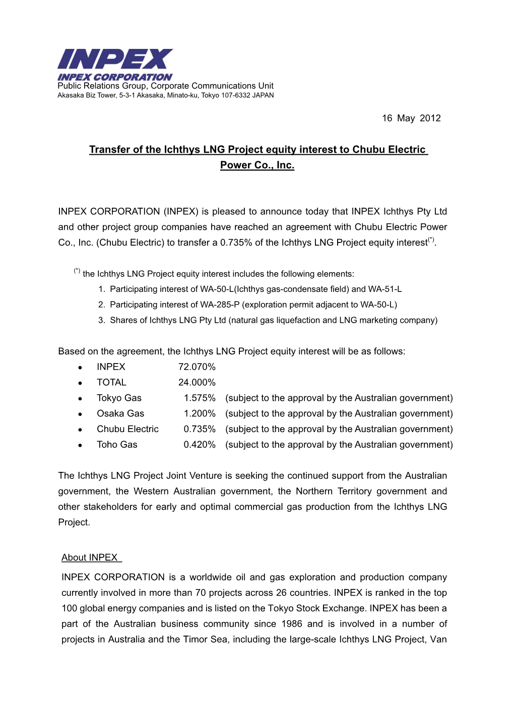 Transfer of the Ichthys LNG Project Equity Interest to Chubu Electric Power Co., Inc