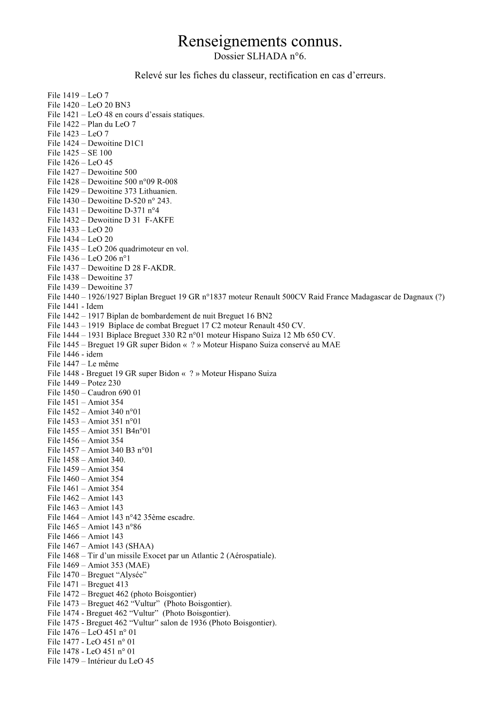 Renseignements Connus. Dossier SLHADA N°6