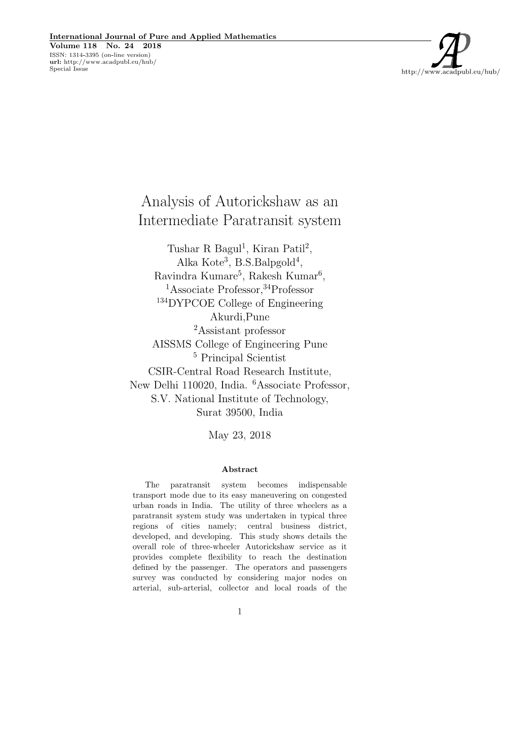 Analysis of Autorickshaw As an Intermediate Paratransit System