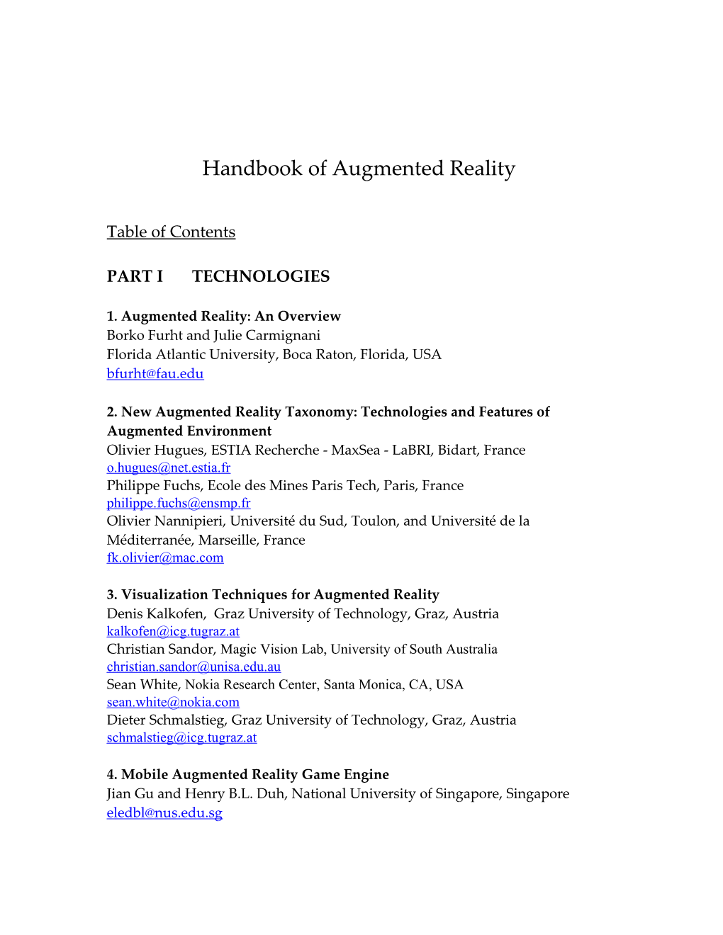 Handbook Of Augmented Reality Technologies And Applications