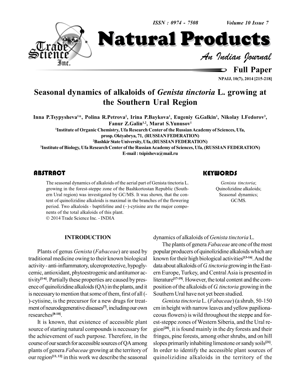 Seasonal Dynamics of Alkaloids of Genista Tinctoria L. Growing at the Southern Ural Region
