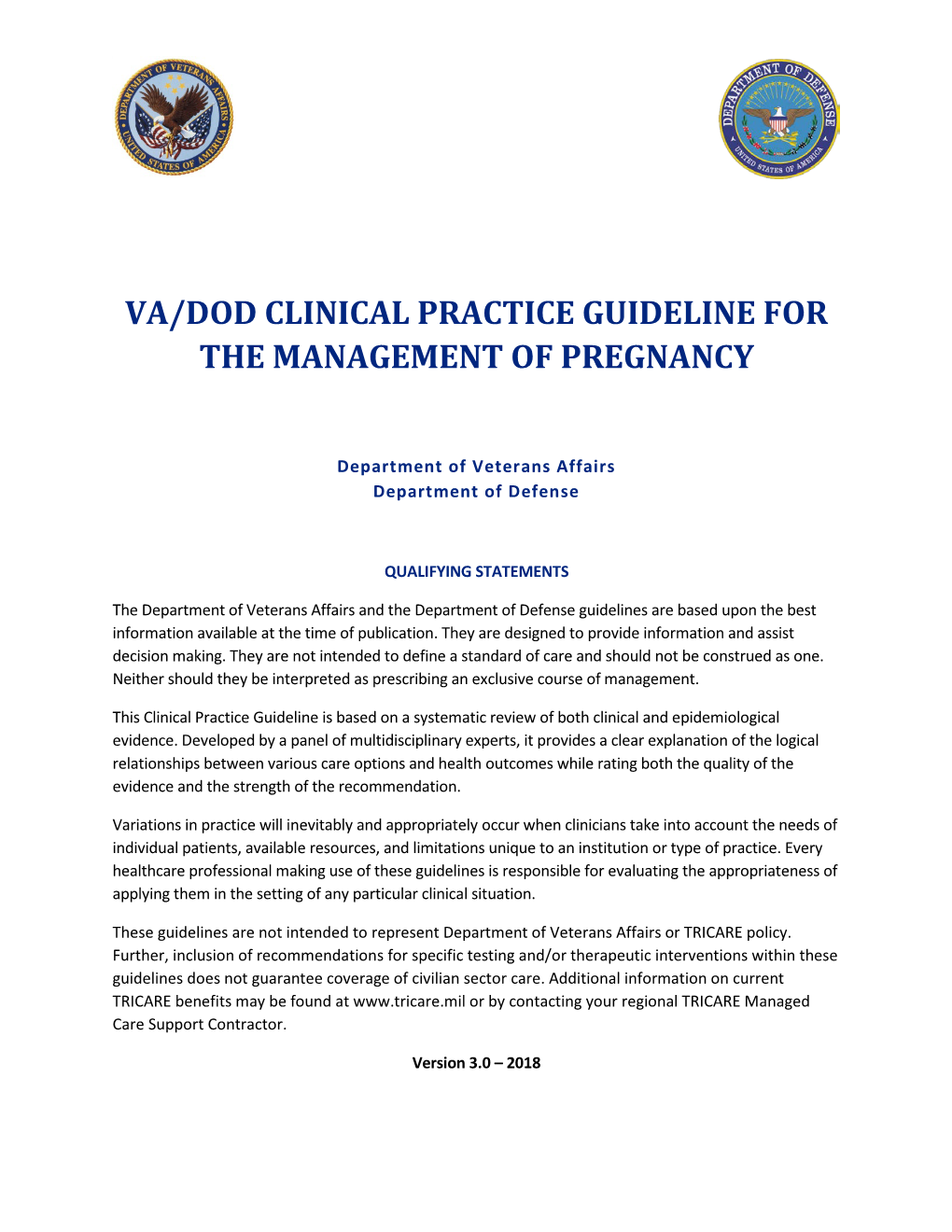 VA Dod Clinical Practice Guideline for the Management of Pregnancy