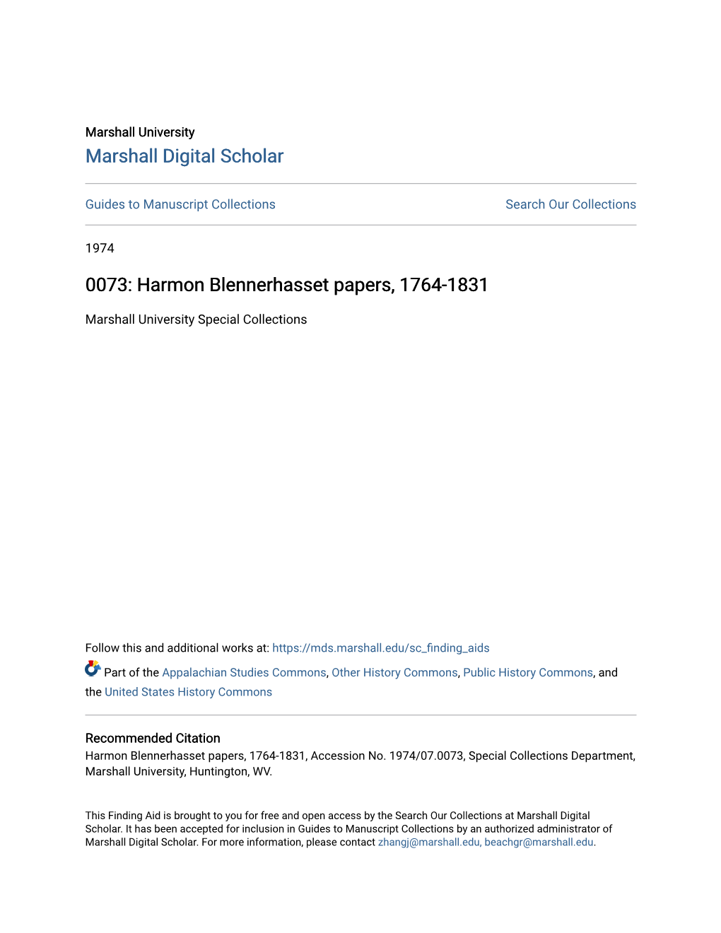 0073: Harmon Blennerhasset Papers, 1764-1831