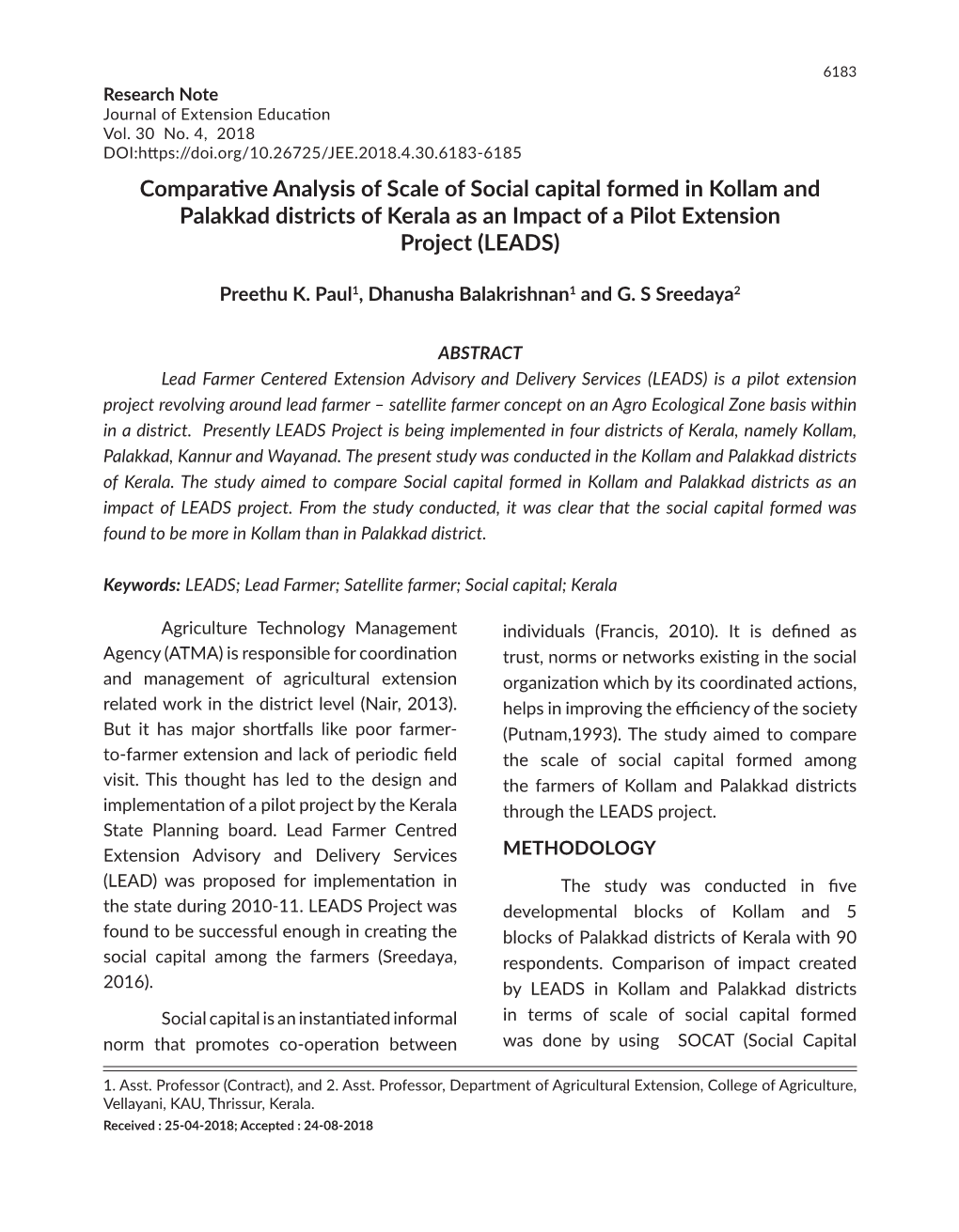 Comparative Analysis of Scale of Social Capital Formed in Kollam and Palakkad Districts of Kerala As an Impact of a Pilot Extension Project (LEADS)