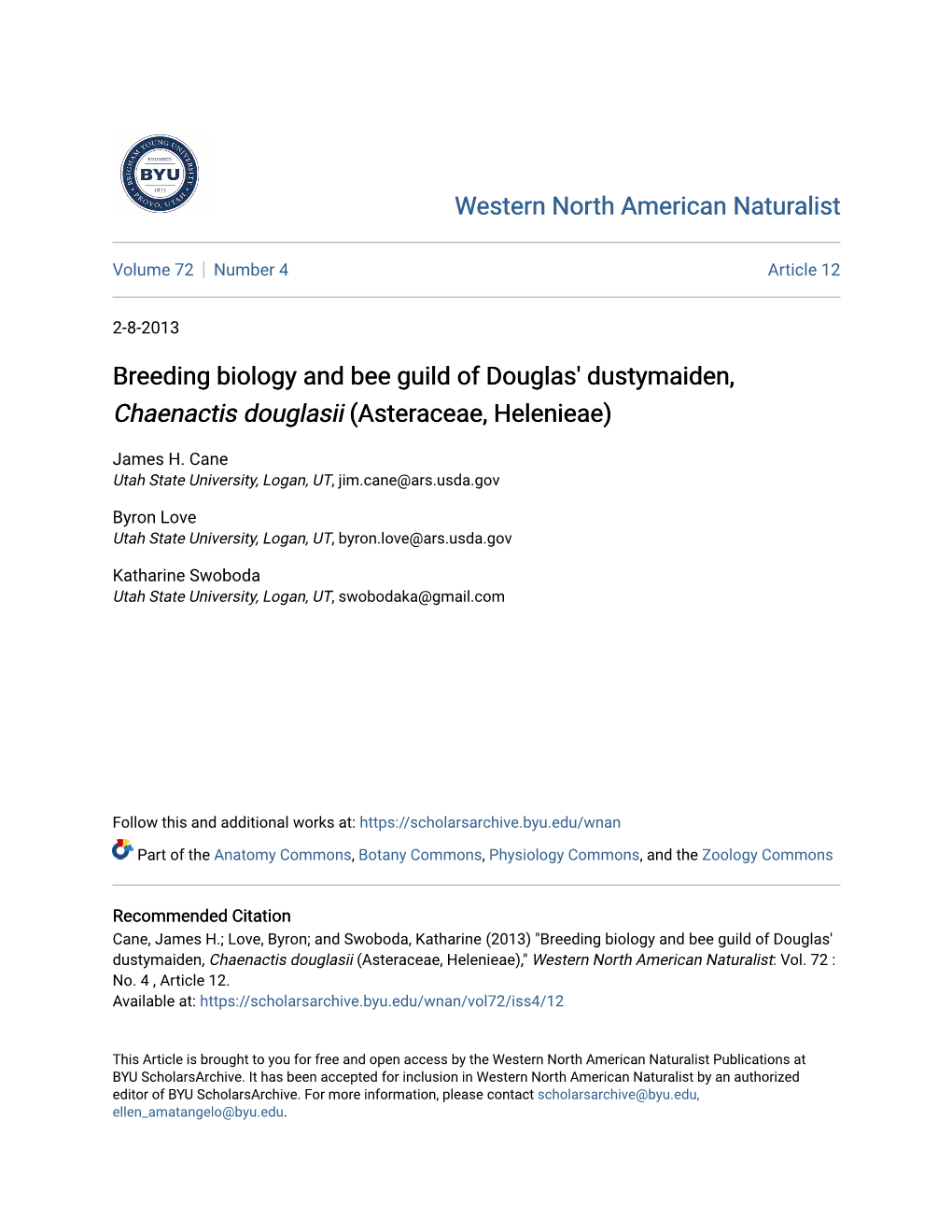 Breeding Biology and Bee Guild of Douglas' Dustymaiden, Chaenactis Douglasii (Asteraceae, Helenieae)