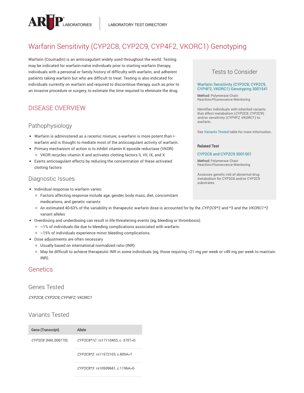 Warfarin Sensitivity (CYP2C8, CYP2C9, CYP4F2, VKORC1) Genotyping