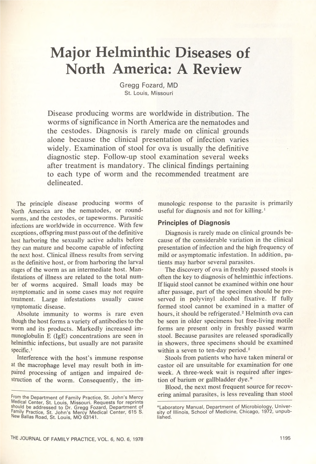 Major Helminthic Diseases of North America: a Review Gregg Fozard, MD St