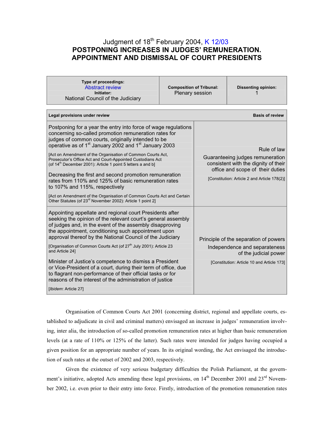 Judgment of 18 February 2004, K 12/03 POSTPONING INCREASES