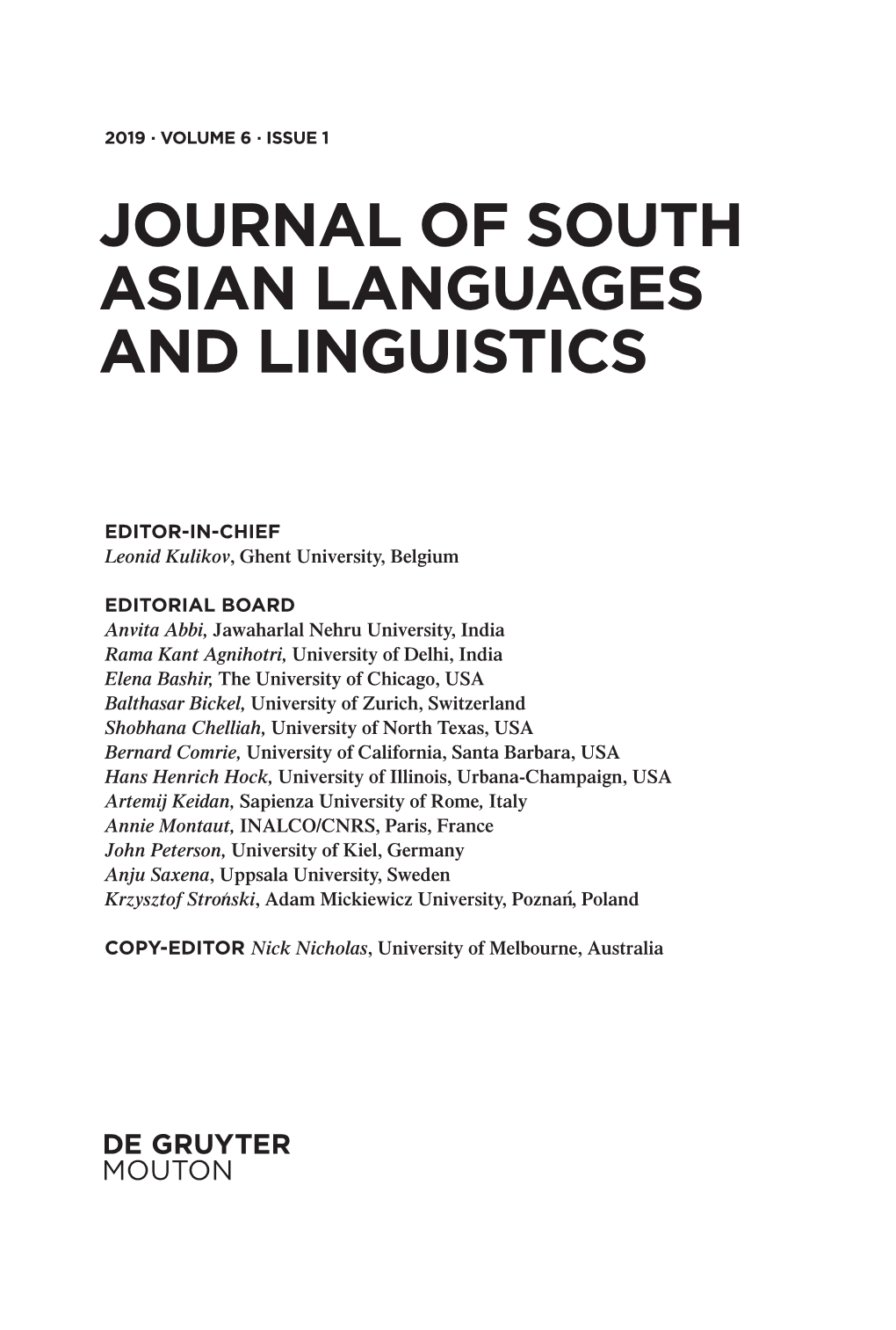 Journal of South Asian Languages and Linguistics