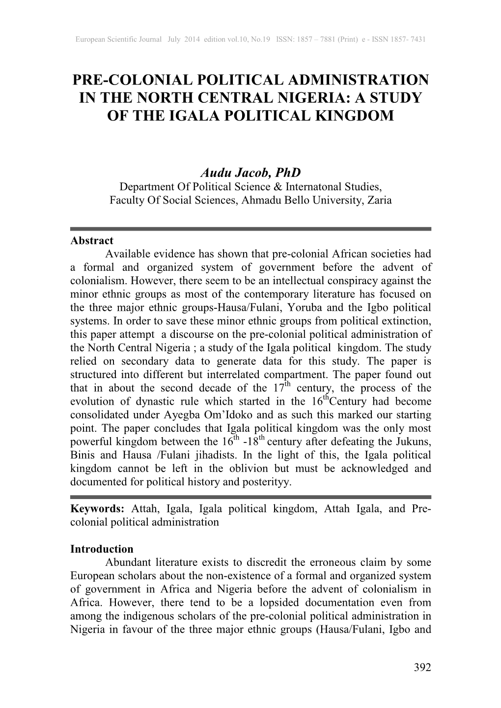 Pre-Colonial Political Administration in the North Central Nigeria: a Study of the Igala Political Kingdom