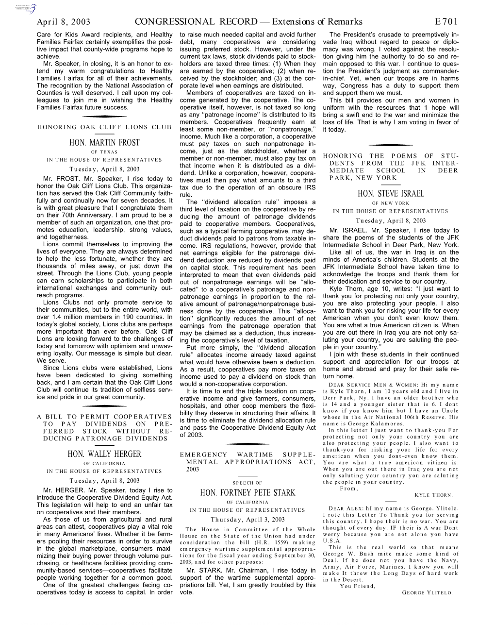 CONGRESSIONAL RECORD— Extensions of Remarks E701 HON. MARTIN FROST HON. WALLY HERGER HON. FORTNEY PETE STARK HON. STEVE ISRAEL
