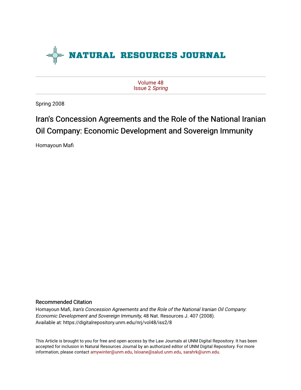 Iran's Concession Agreements and the Role of the National Iranian Oil Company: Economic Development and Sovereign Immunity