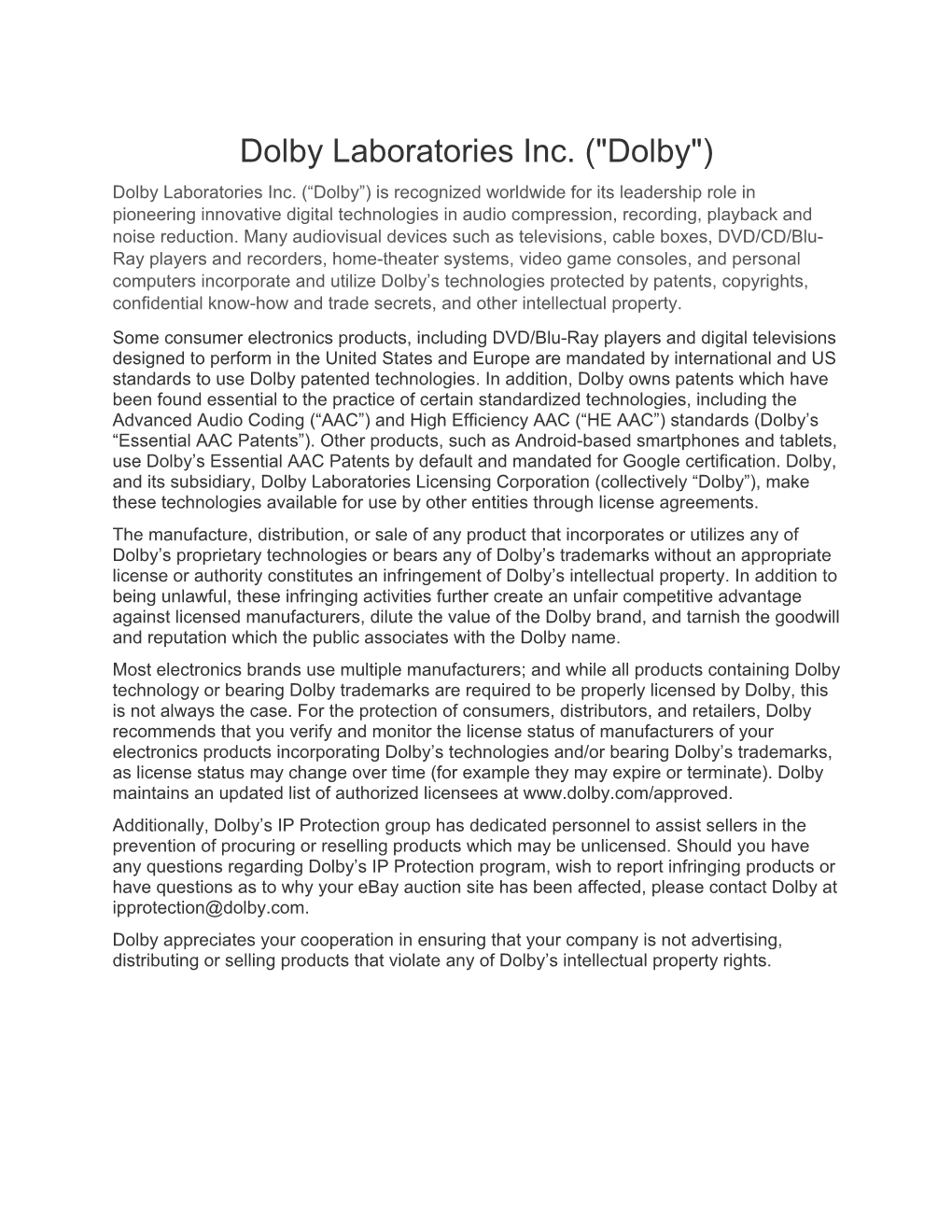 Dolby Laboratories Inc. ("Dolby") Dolby Laboratories Inc