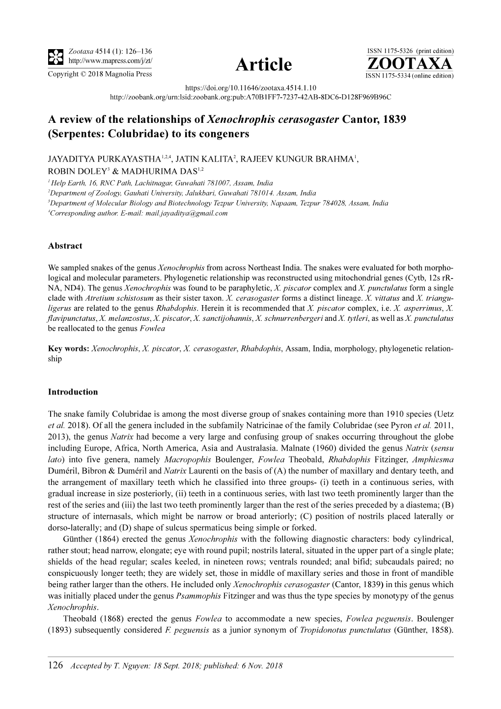 A Review of the Relationships of Xenochrophis Cerasogaster Cantor, 1839 (Serpentes: Colubridae) to Its Congeners