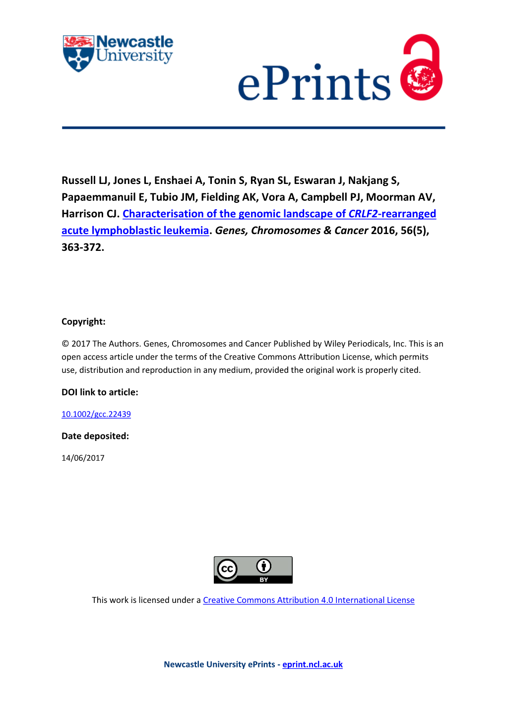 Characterisation of the Genomic Landscape of CRLF2-Rearranged Acute Lymphoblastic Leukemia