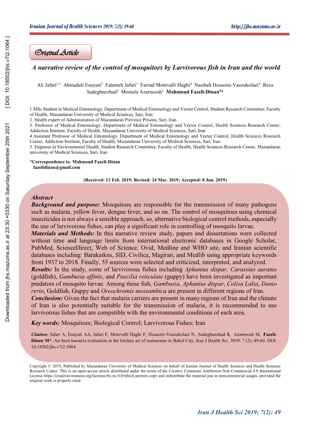 A Narrative Review of the Control of Mosquitoes by Larvivorous Fish in Iran and the World