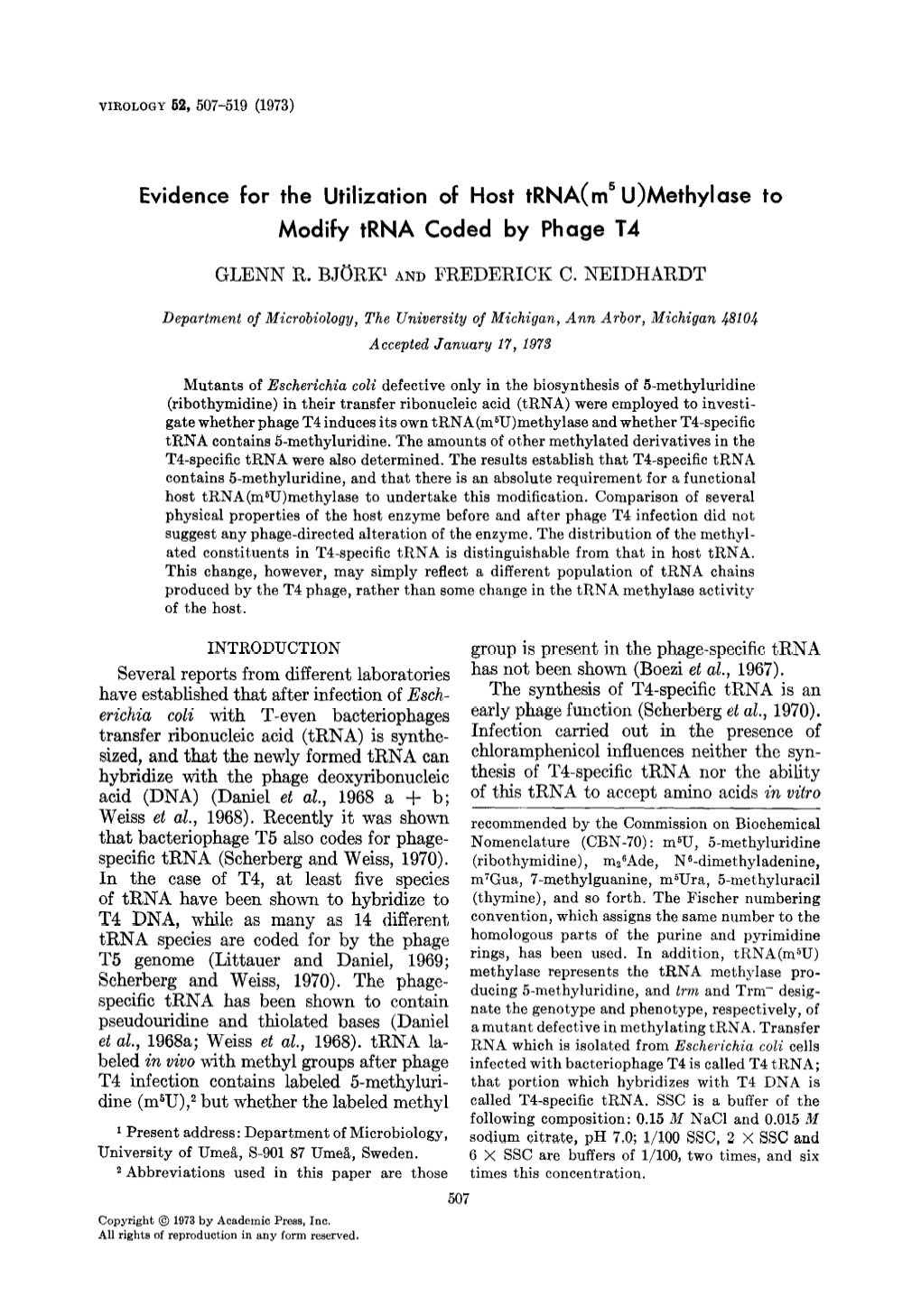 Methylase to Modify Trna Coded by Phage T4