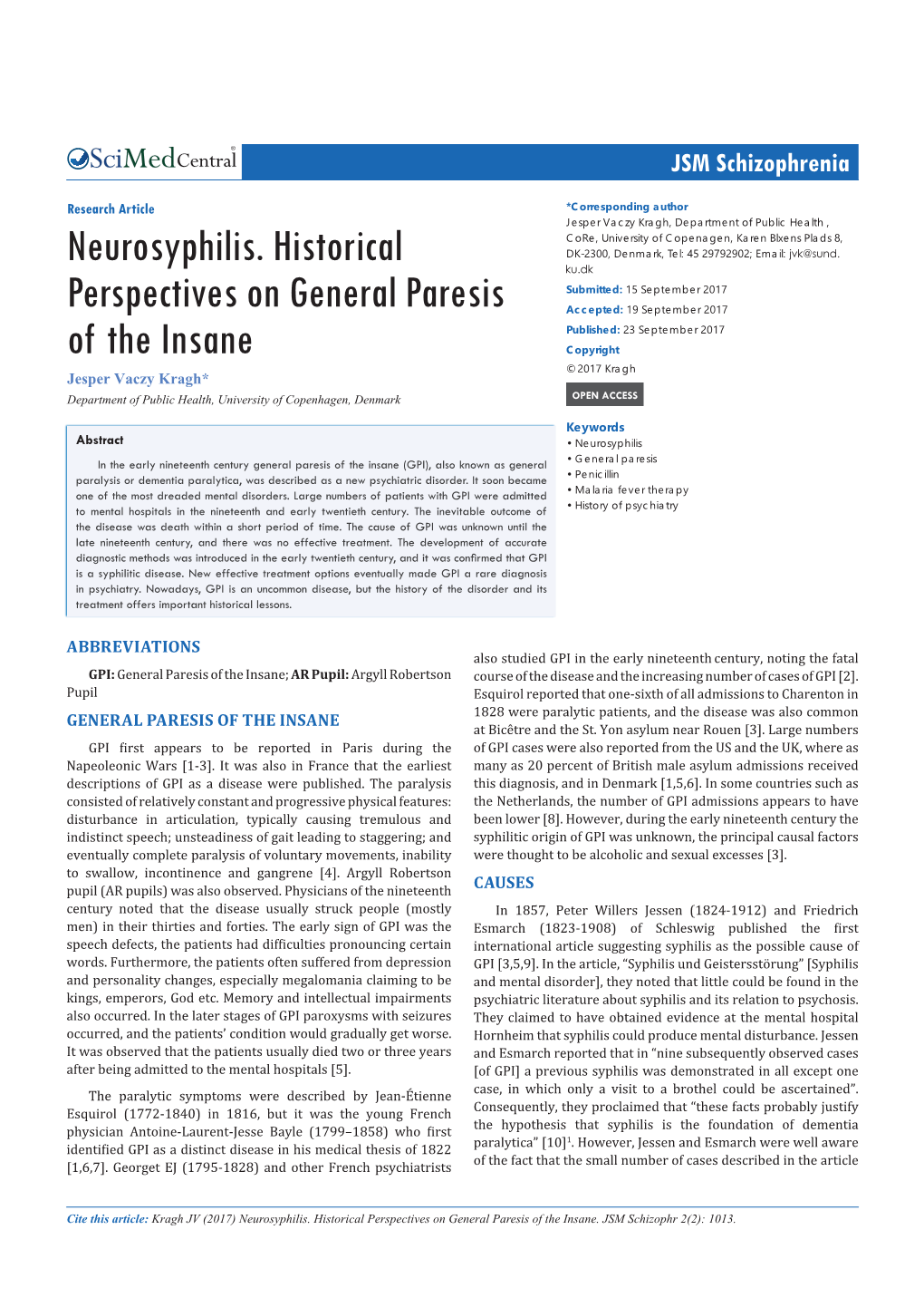 Neurosyphilis. Historical Perspectives on General Paresis of the Insane