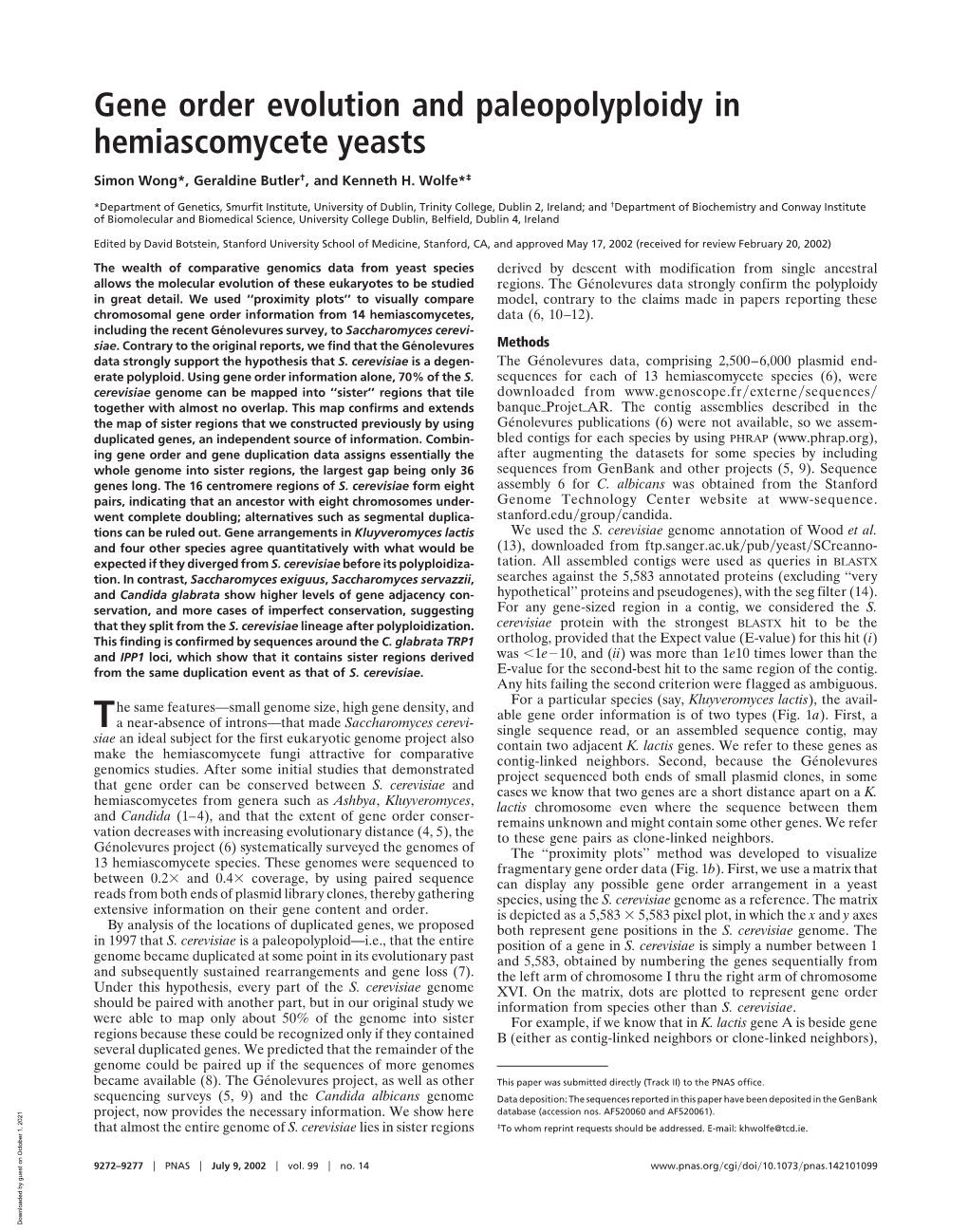 Gene Order Evolution and Paleopolyploidy in Hemiascomycete Yeasts