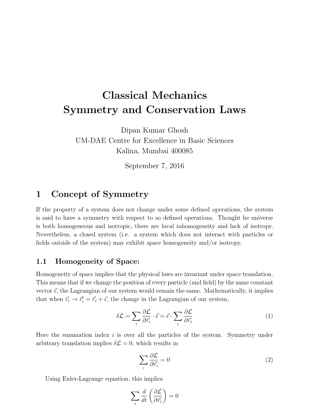 Classical Mechanics Symmetry and Conservation Laws